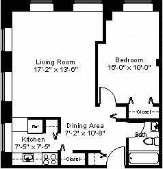Floor plan for 1 bed, 1 bath, 602 sqft
